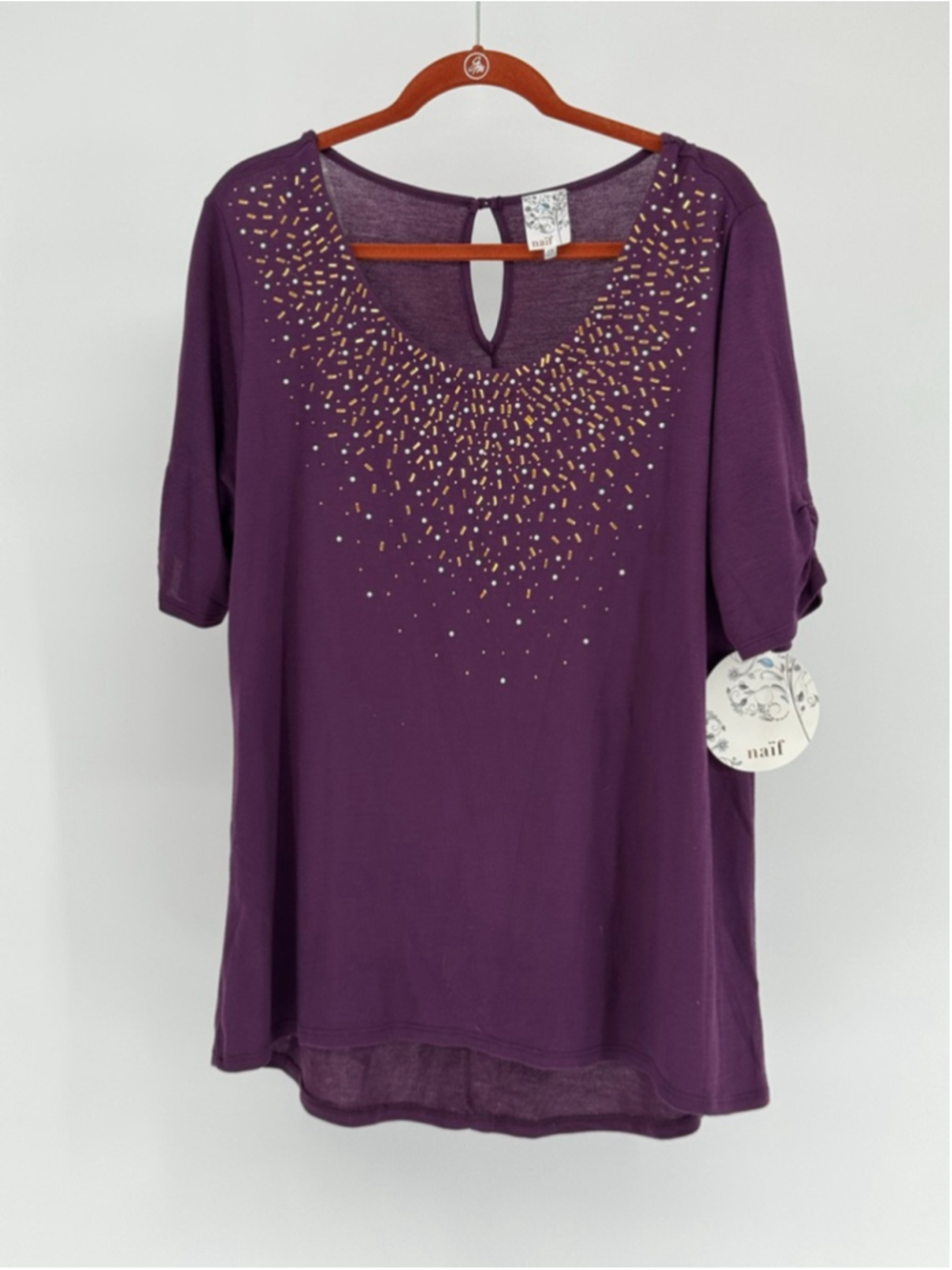 naif Weoman's Purple Gold Embellished Short Sleeve Tee Plus Size XL